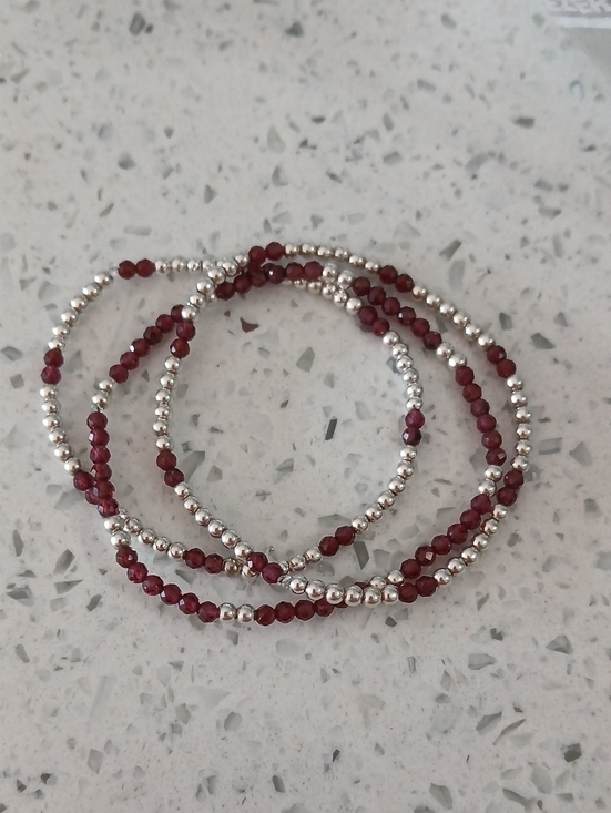 Jewelry - Set Of 3 Sterling Silver 925 Red Garnet Natural Gemstone Beaded Bracelets